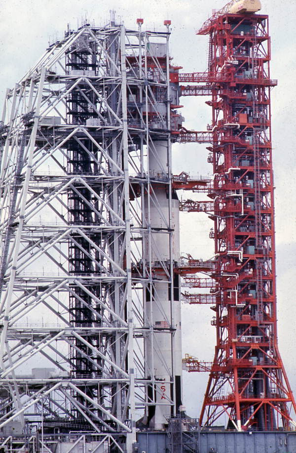 View of rocket and gantry at Cape Kennedy on Merritt Island near Titusville, Florida.