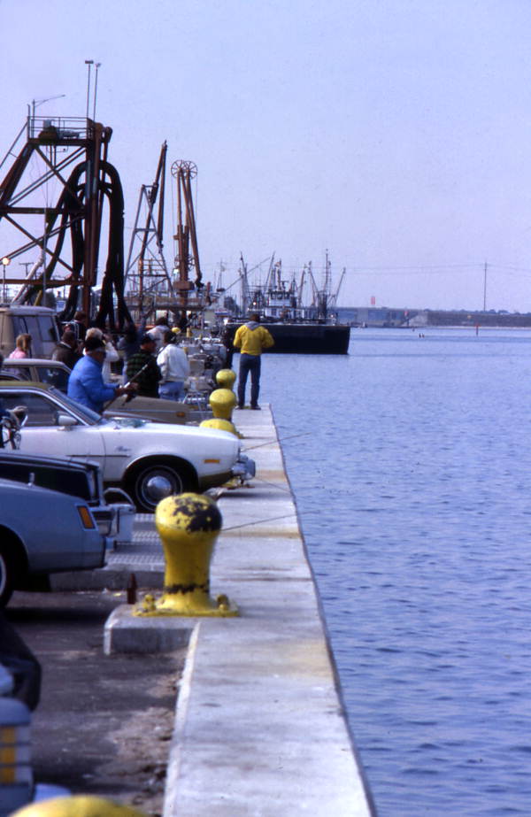 View showing people fishing from the docks at Port Canaveral, Florida.