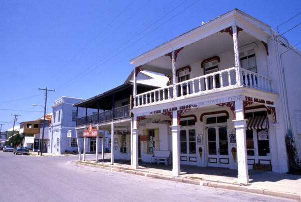 Buildings on the north side of 2nd St. near the corner of C St. in Cedar Key, Florida.