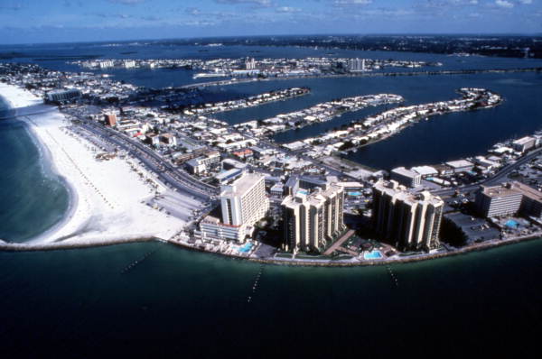 Aerial view looking over the southern end of Clearwater Beach, Florida.