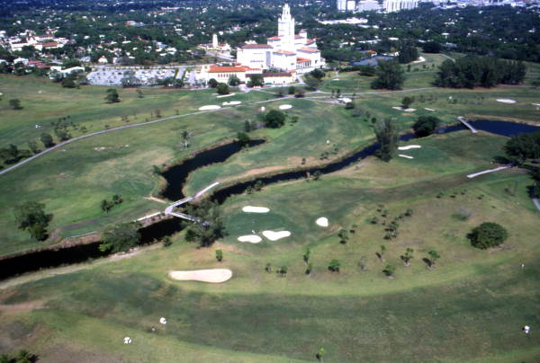 Aerial view looking north over the Miami Biltmore Hotel and Country Club in Coral Gables, Florida.