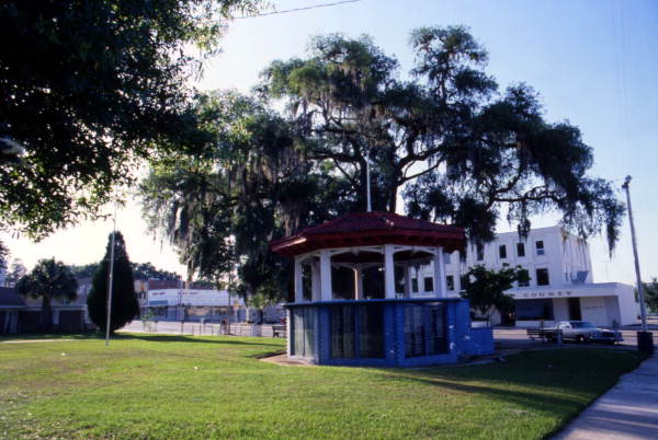 View looking north at the gazebo located in front of the Pasco County Courthouse in Dade City, Florida.