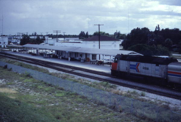 View showing an Amtrak locomotive approaching the train station in Ft. Lauderdale, Florida.