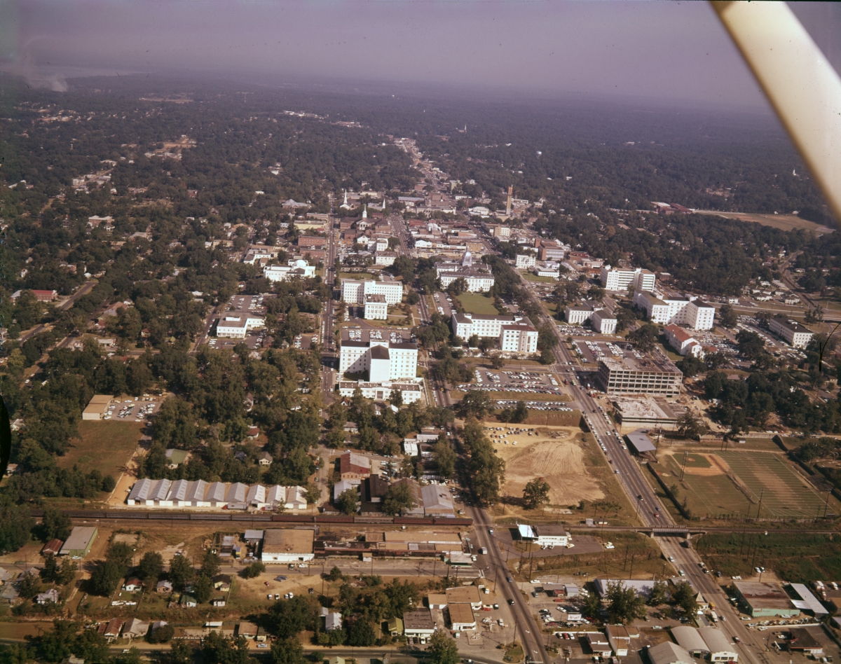 Aerial view looking north at the Florida Capitol Center and downtown Tallahassee.