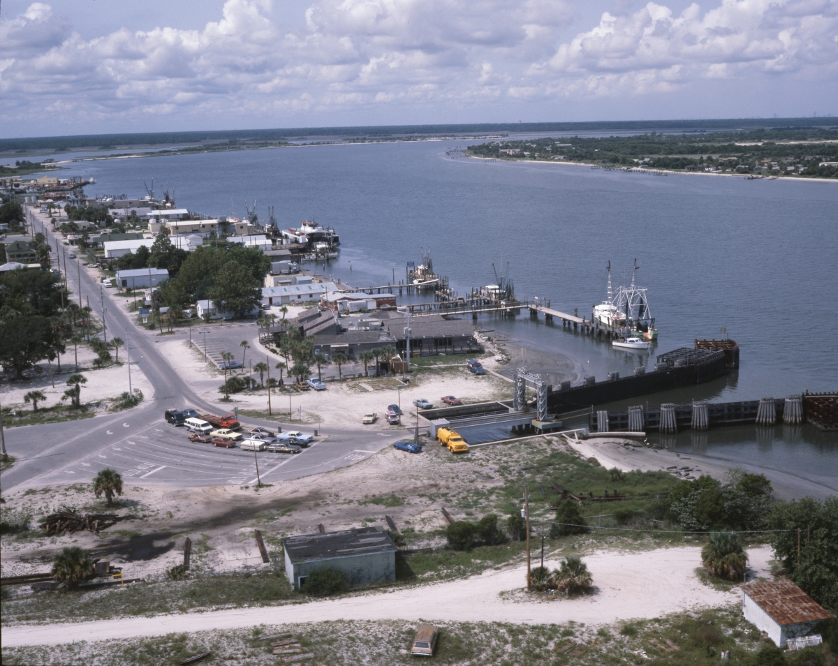 Aerial view looking southwest over the St. Johns River Ferry terminal at Mayport.