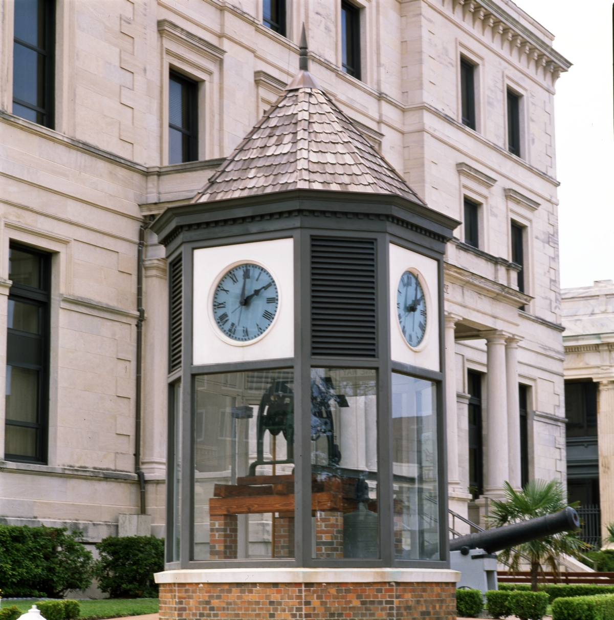 Close-up view of clock tower in front of the Escambia County Courthouse in Pensacola.