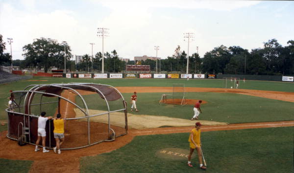 View showing batting practice at the FSU ballpark in Tallahassee, Florida.