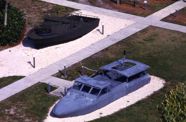 Aerial view of patrol boats on the grounds of the Navy UDT-SEAL Museum in Fort Pierce.