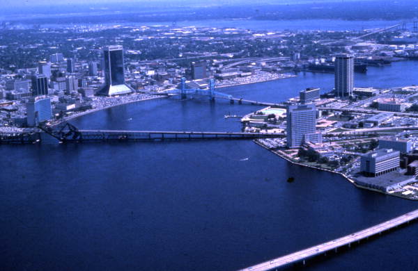 Aerial view looking east over the St. Johns River in Jacksonville.