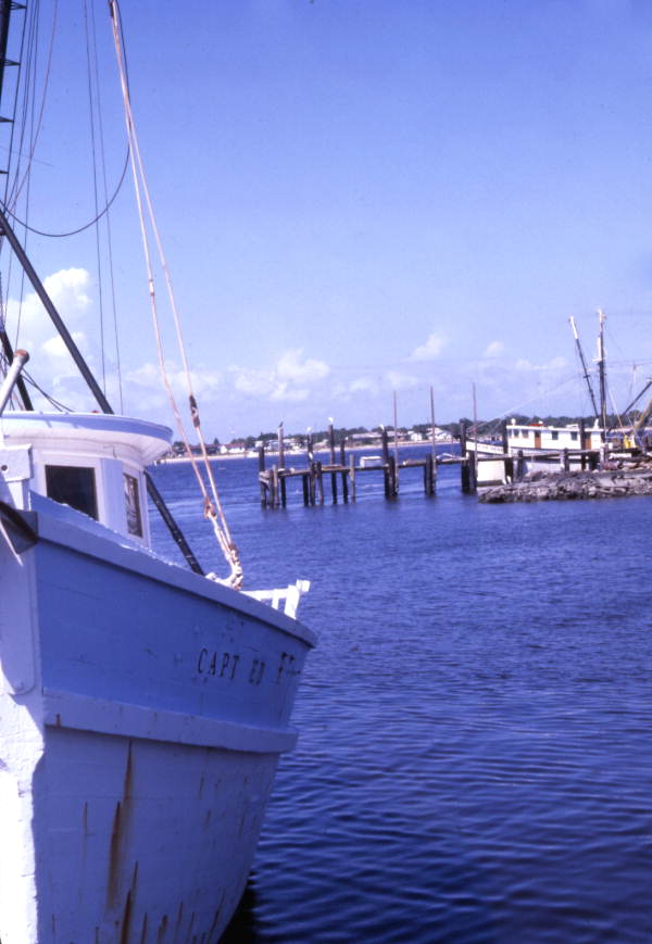 Close-up view of shrimp boats docked at the fishing village of Mayport.