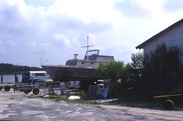 Boat in yard for maintenance and repairs at Dunn's Creek Fish Camp on Heckscher Dr. in Jacksonville.