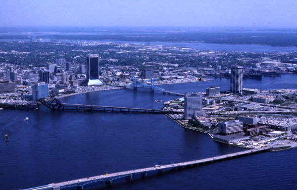 Aerial view looking east over the St. Johns River in Jacksonville.