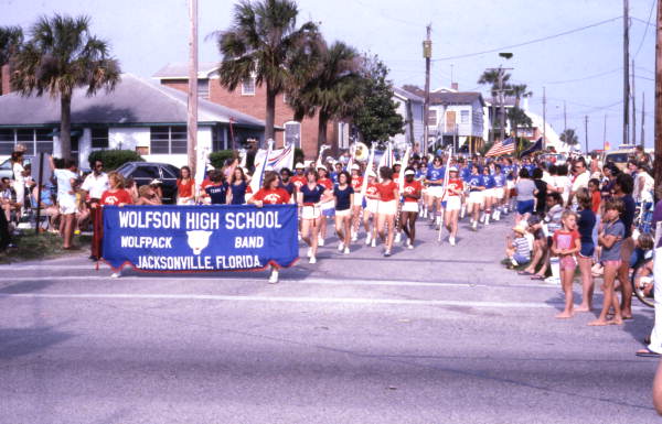 Wolfson High School Wolfpack marching band in the Bicentennial parade on Seagate Ave. at Neptune Beach.