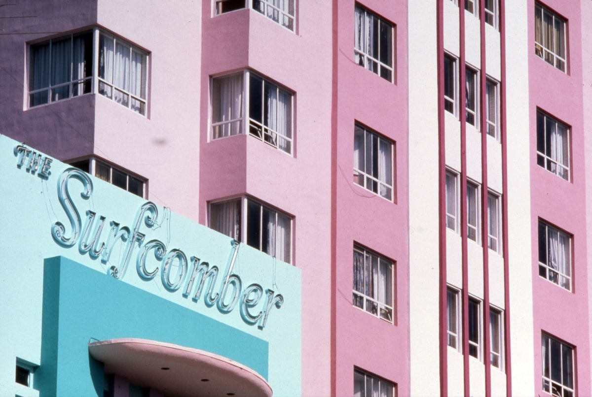 Close-up view of the Surfcomber and Ritz Plaza hotels in Miami Beach.