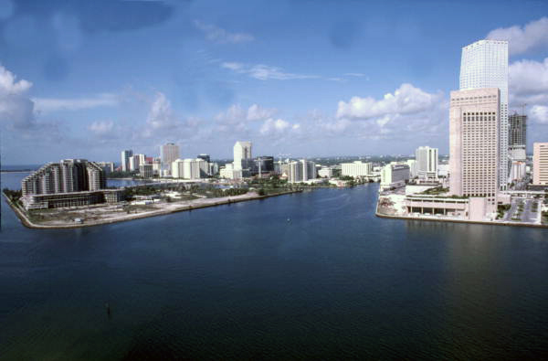 Aerial view looking west toward Brickell Key and the mouth of the Miami River.