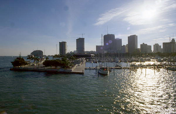 Looking south at Miamarina at Bayside and Miami skyline.