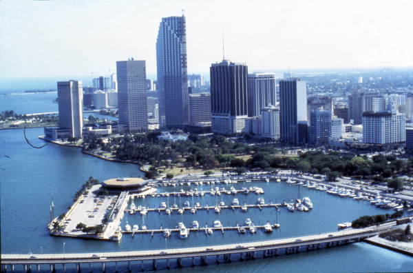 Aerial view looking south at Miamarina at Bayside and Miami skyline.