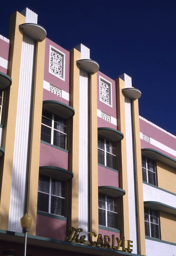 Close-up view of the Carlyle Hotel in Miami Beach.