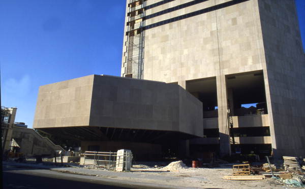Close-up view showing construction of the Stephen P. Clark Government Center in Miami.