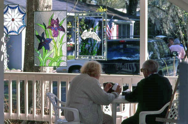 Stained glass displayed on the veranda at the Shady Oak Gallery in Micanopy.