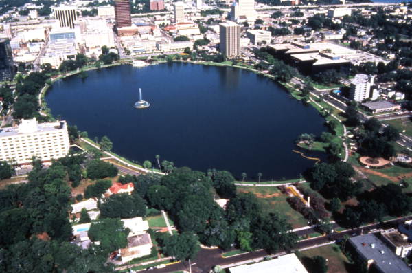 Aerial view looking west over Lake Eola in Orlando.