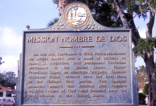 Historical marker at the Mission Nombre de Dios in St. Augustine.