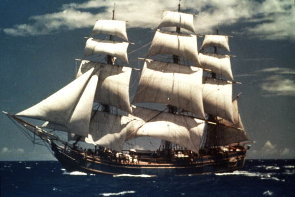 H.M.S. Bounty under full sail.
