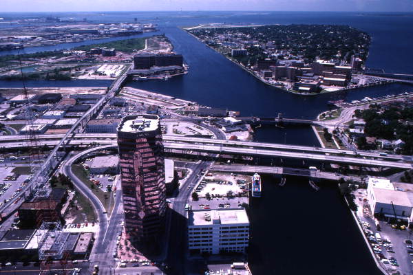 Aerial view looking south over the Hillsborough River toward Davis Islands in downtown Tampa.