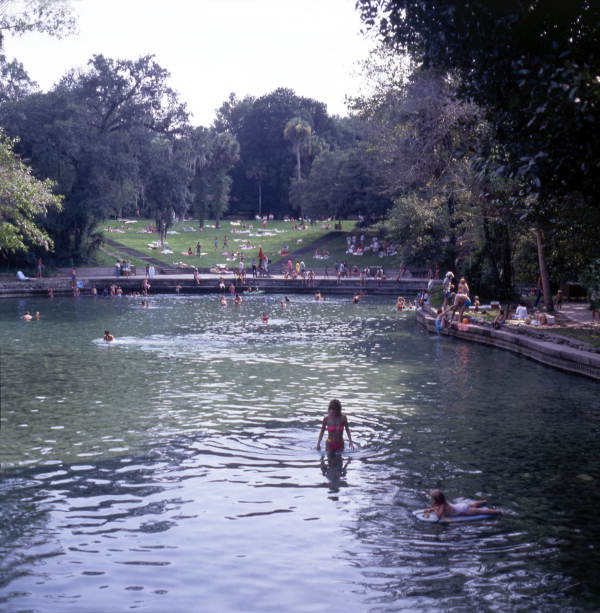 View showing visitors at the Wekiwa Springs State Park near Apopka, Florida.