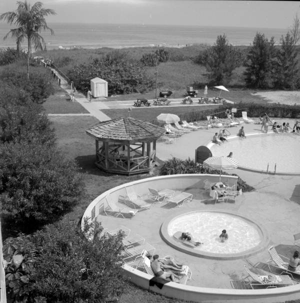 View showing resort swimming pools on N. Hutchinson Island, Florida.