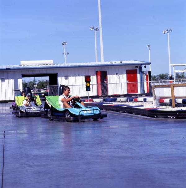 Visitors on go-karts at Mike Greenwell's Bat-A-Ball & Family Fun Park in Cape Coral, Florida.