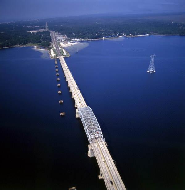 Aerial view looking west over a drawbridge on U.S. 98 in Panama City, Florida.