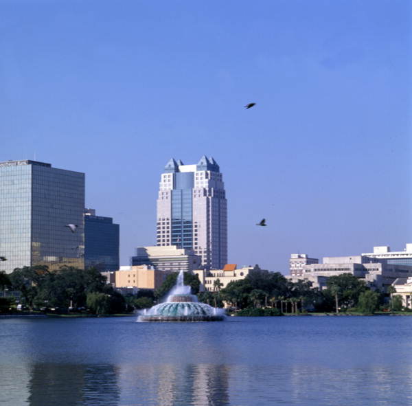View looking toward the Orlando skyline across Lake Eola.