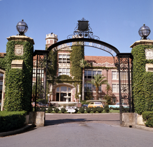 Close-up view of the Westcott Gate and building at FSU in Tallahassee.