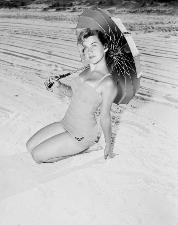 Shirley Deas modeling Jantzen bathing suit at Daytona Beach.