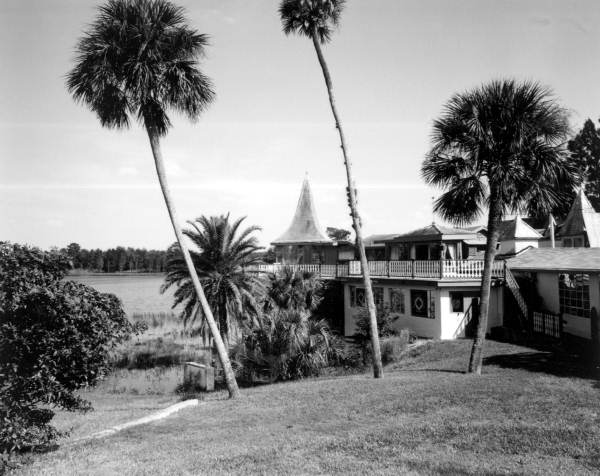 Palm trees stretch high in front of a lakeshore building - Lake Wales, Florida