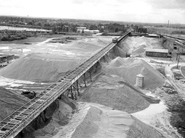 Bird's eye view showing phosphate storage dumps - Mulberry, Florida