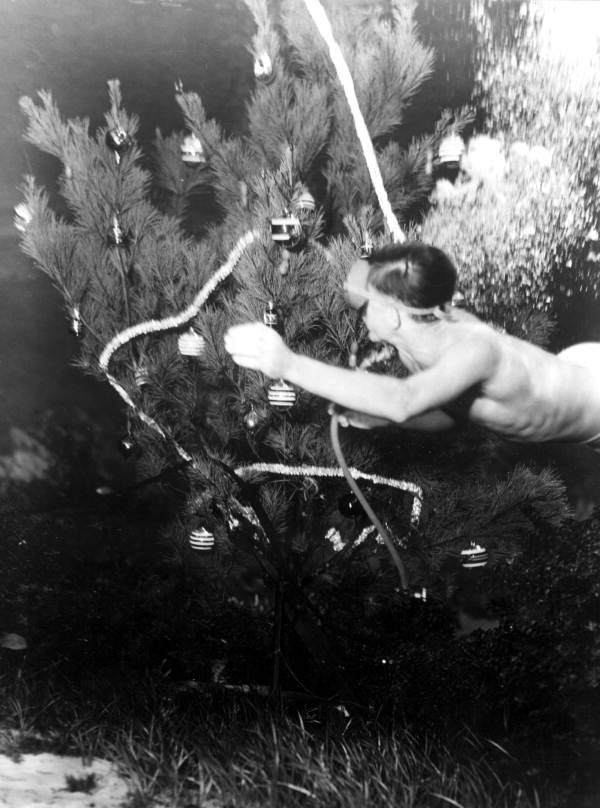 Diver Johnny Green puts the finishing touches on underwater Christmas tree..