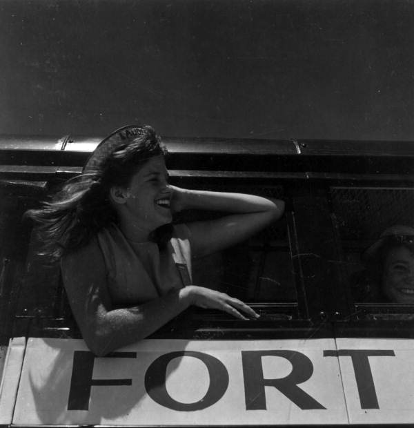 Joyce Davenport looking out the trailer's window - Sarasota, Florida
