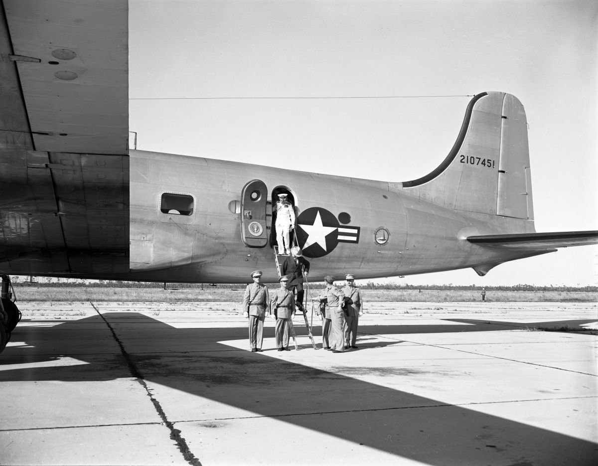 President Truman and Admiral Leahy getting off the "Sacred Cow" - Naples, Florida