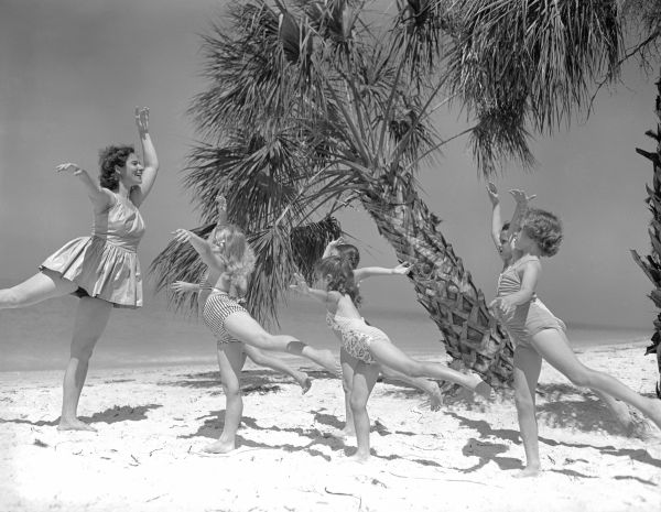 Mrs. Lois Eborn Gilbart leading ballet class on the beach - Saint Petersburg, Florida.