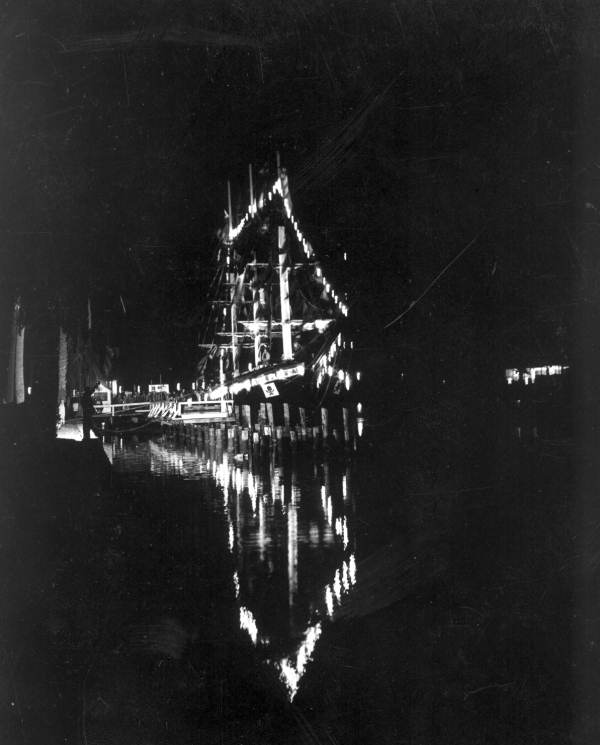 Night-time shot of the "Jose Gaspar" pirate ship in the Gasparilla Carnival - Tampa, Florida.