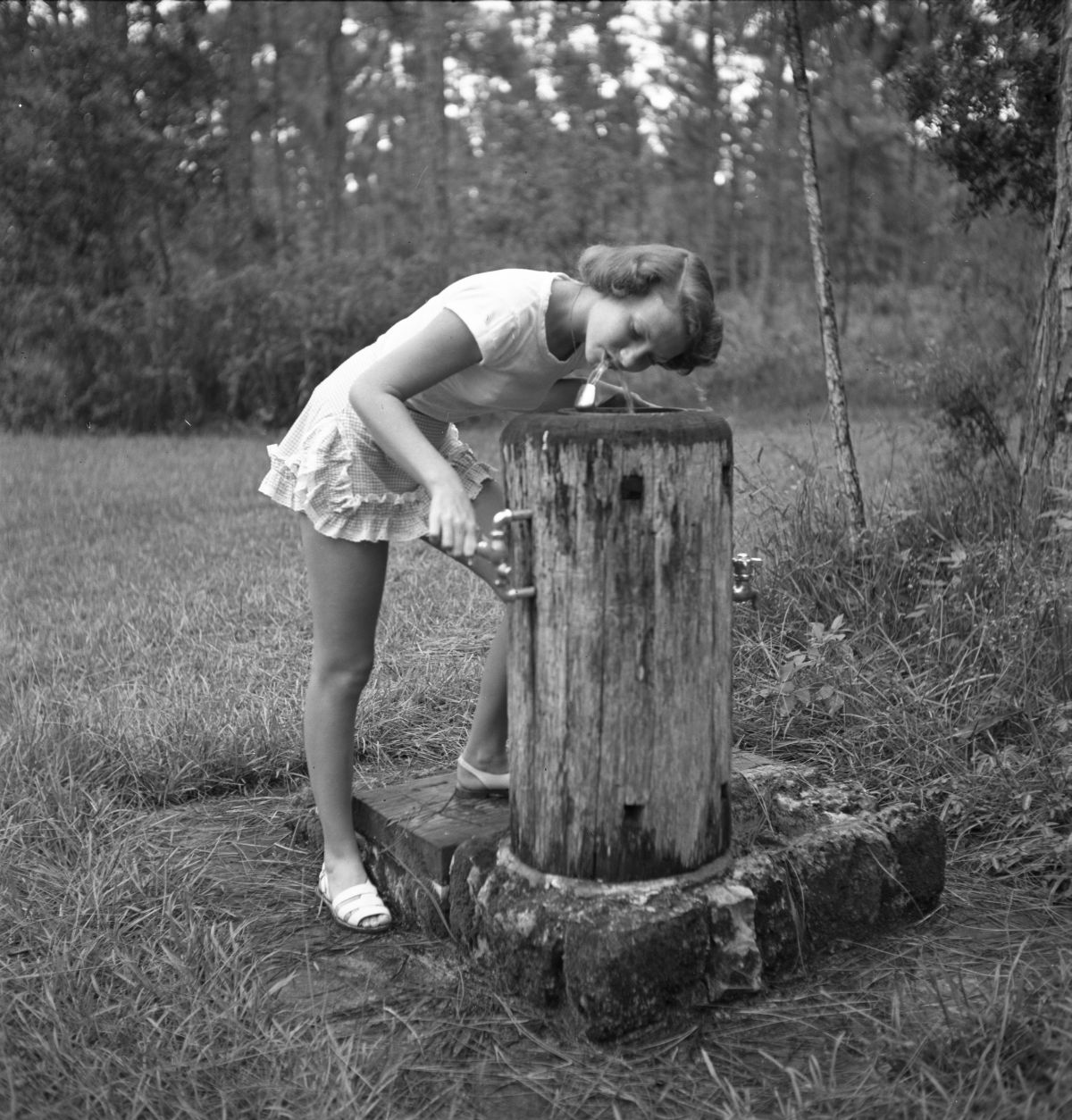 Martha Green drinks from a water fountain - Sebring, Florida .