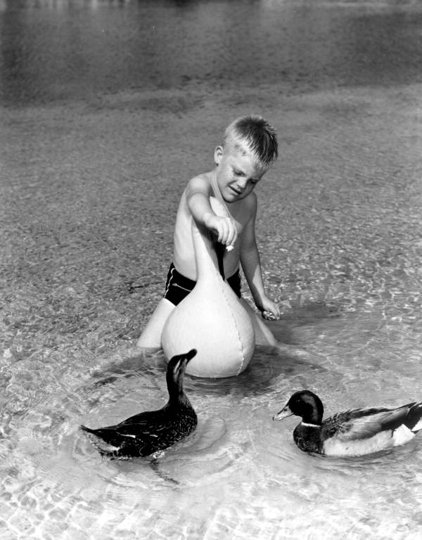 Pat Perry feeding ducks.