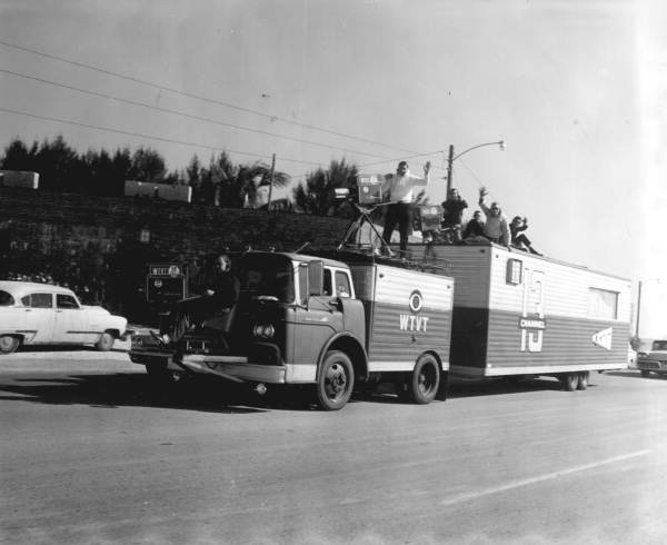 Crew with television cameras on the top of trucks - Key West, Florida.