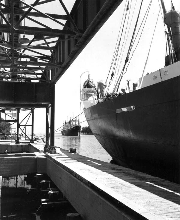 Ship docked at loading elevator..