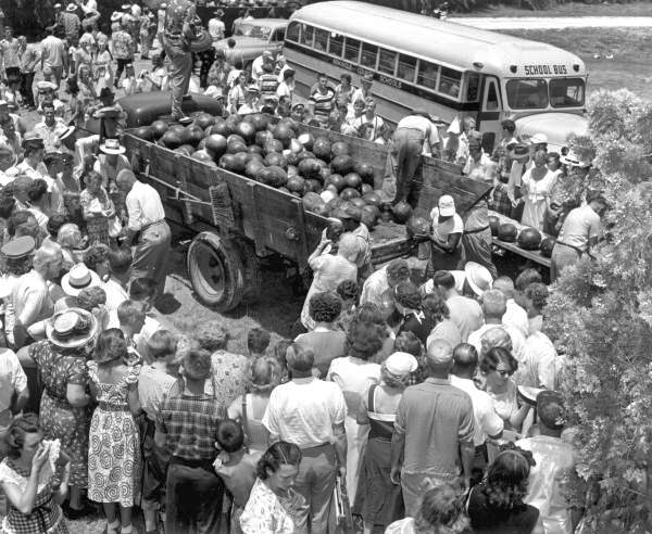 People gathered around tables and truck to get free watermelon slices at the watermelon festival - Leesburg, Florida