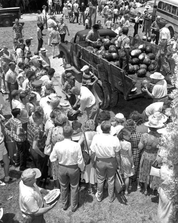 People gathered around tables to get free watermelon slices at the watermelon festival - Leesburg, Florida
