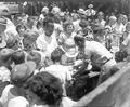 People gathered at tables to get slices of watermelon at the watermelon festival - Leesburg, Florida