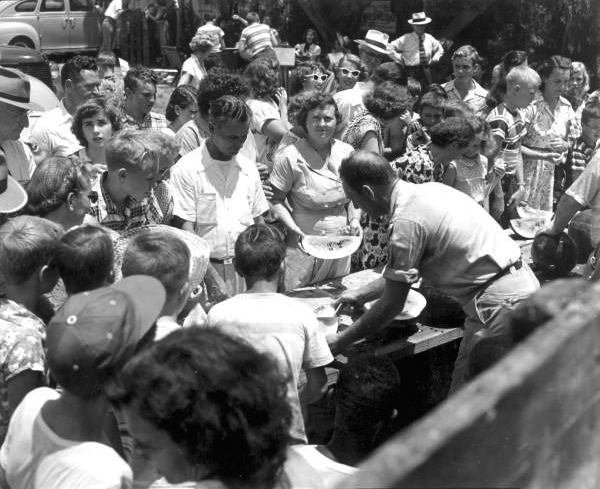 People gathered at tables to get slices of watermelon at the watermelon festival - Leesburg, Florida